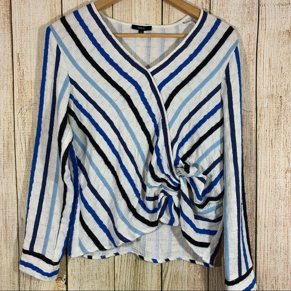 Drew Long Sleeve V-Neck Blue Stripe Bow Accent Top